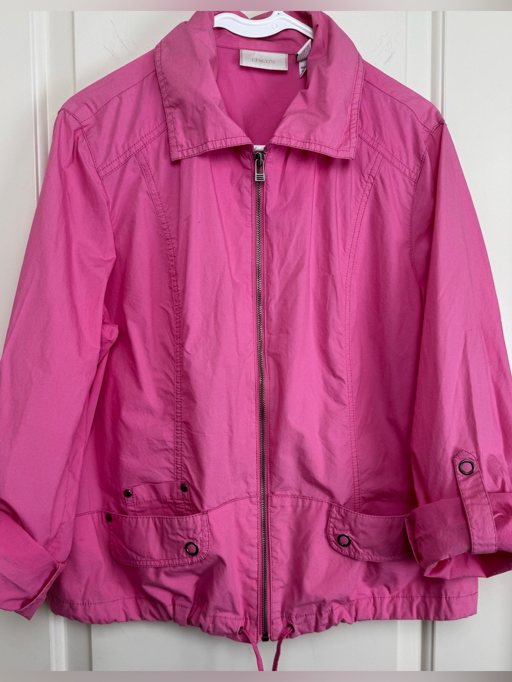 Chico’s Pink Cotton Lightweight Utility Jacket Size 2 L Roll Tab Zip